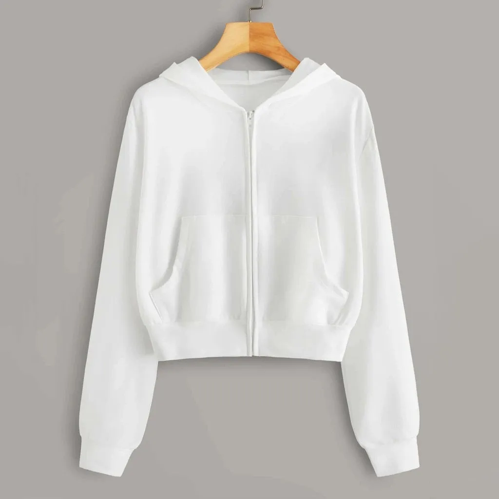 lose weight White Women Casual Solid Long Sleeve Zipper Pocket Shirt Hooded Sweatshirt Tops hoodies women ropa mujer
