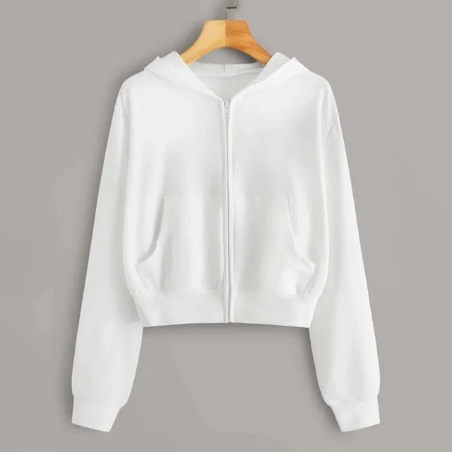 lose weight White Women Casual Solid Long Sleeve Zipper Pocket Shirt Hooded Sweatshirt Tops hoodies women ropa mujer