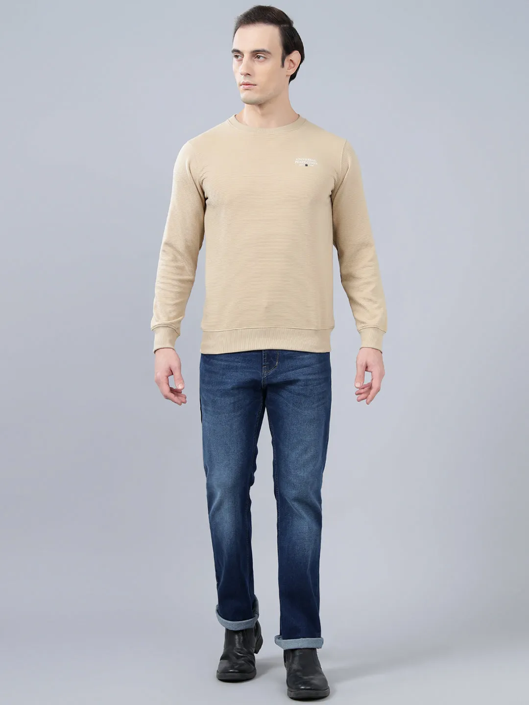 Men's Beige Self Design Full Sleeves T-shirt For Winter