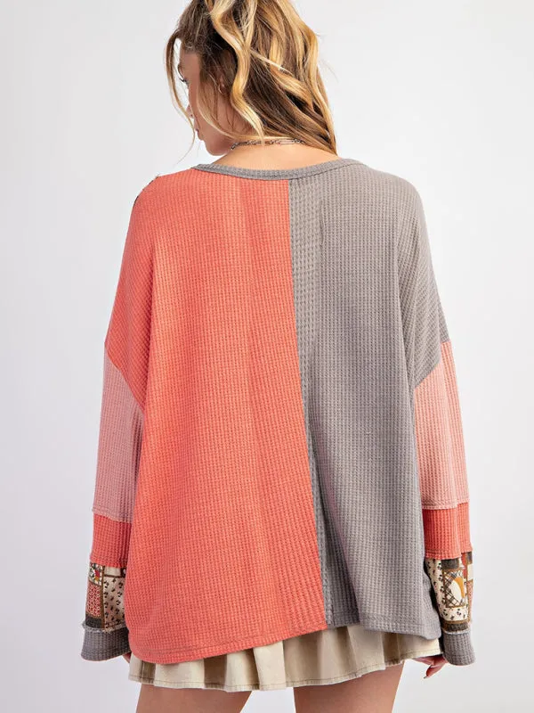 Multi-Texture Color Block Pullover Patchwork Sweatshirt
