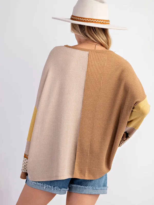 Multi-Texture Color Block Pullover Patchwork Sweatshirt
