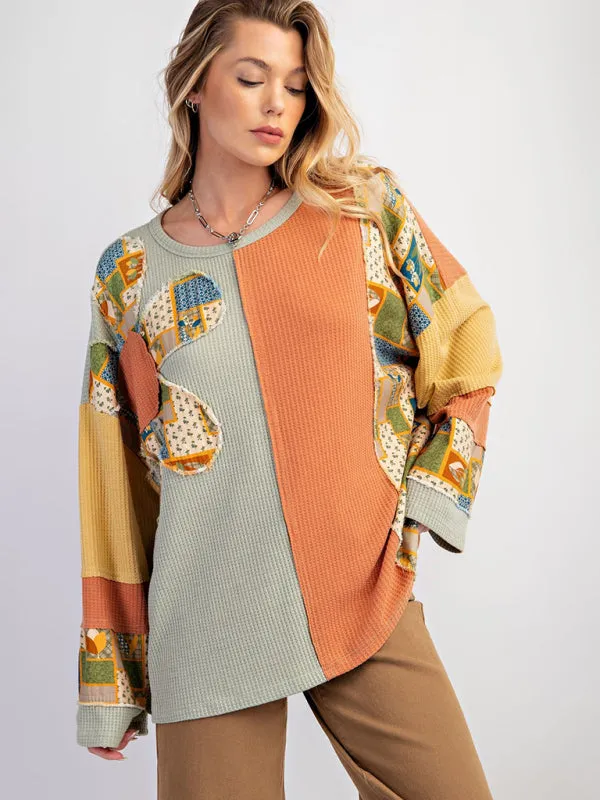 Multi-Texture Color Block Pullover Patchwork Sweatshirt