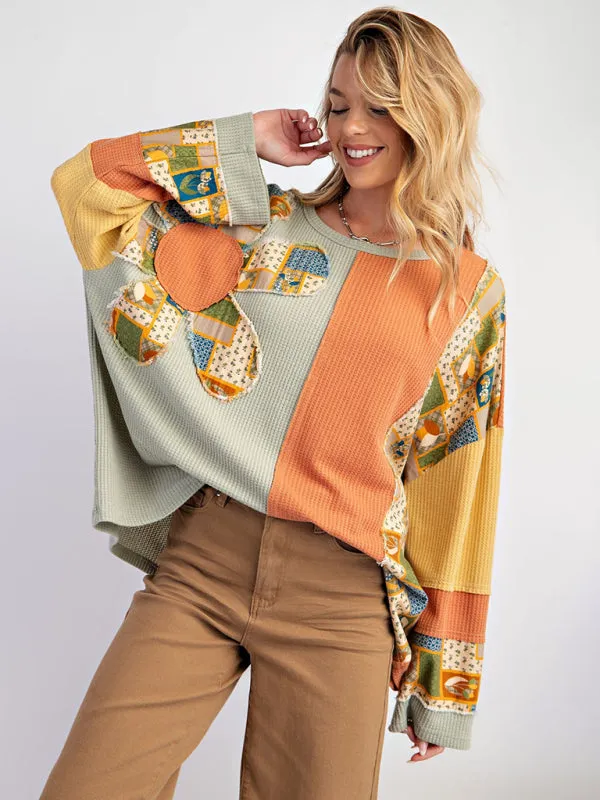 Multi-Texture Color Block Pullover Patchwork Sweatshirt
