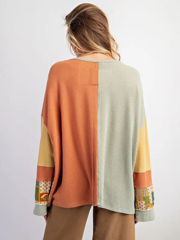 Multi-Texture Color Block Pullover Patchwork Sweatshirt