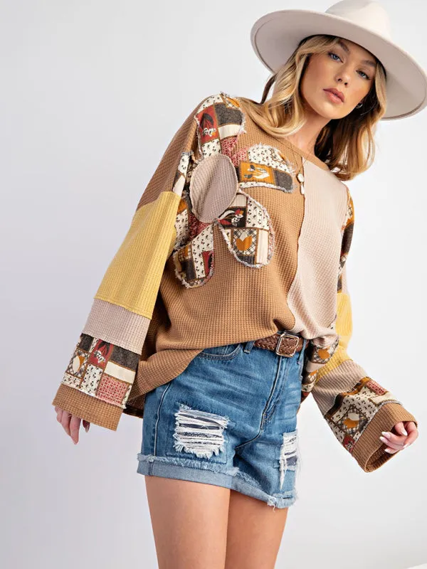 Multi-Texture Color Block Pullover Patchwork Sweatshirt