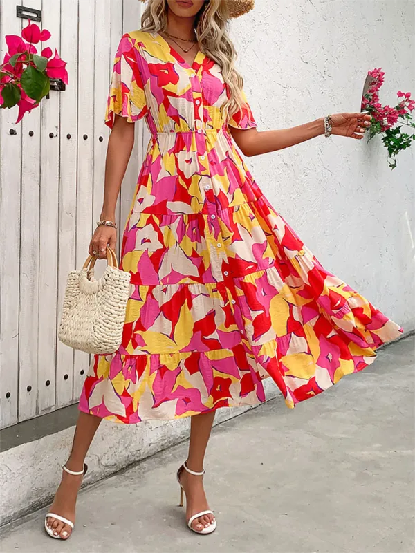 New Holiday Dress V-Neck Printed Dress \  Summer Dress