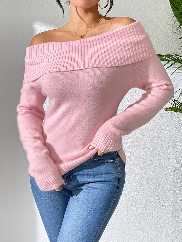 Solid Color Long Sleeves Off-The-Shoulder Sweater Tops Pullovers