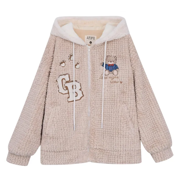 Sweet Girly Style Cartoon Bear Embroidery Coat