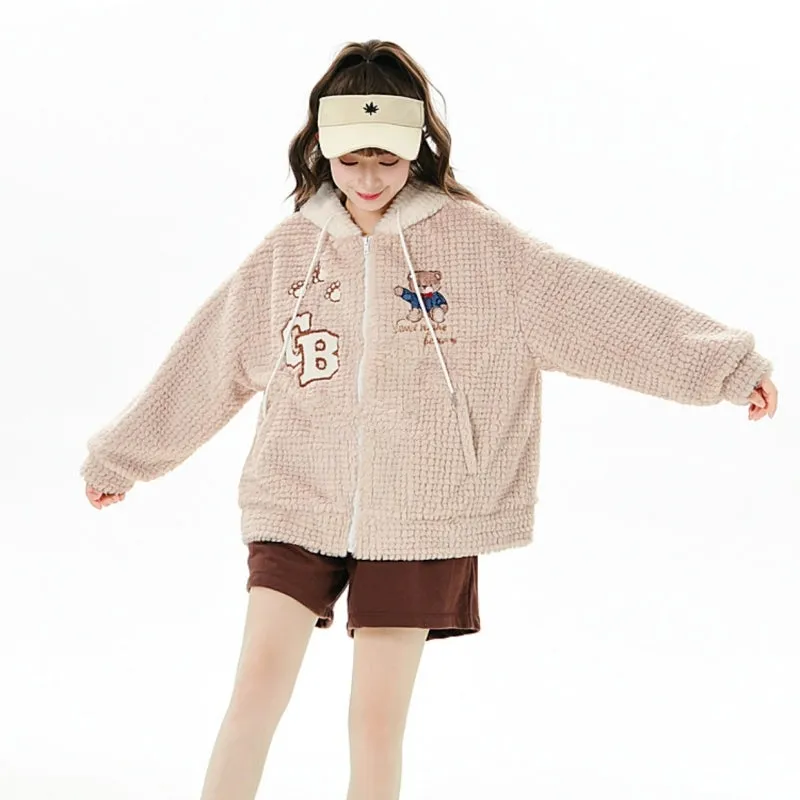 Sweet Girly Style Cartoon Bear Embroidery Coat
