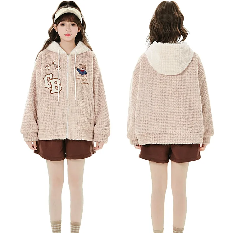 Sweet Girly Style Cartoon Bear Embroidery Coat
